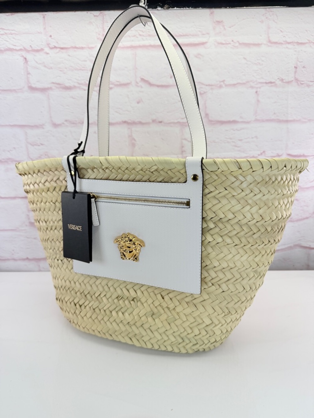 Versace NWT White & Natural Woven Straw Tote with Gold Medusa Detail